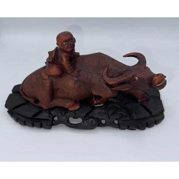 Chinese Carved Padauk Wood Boy On Water Buffalo Qing Dynasty Antique W/Base